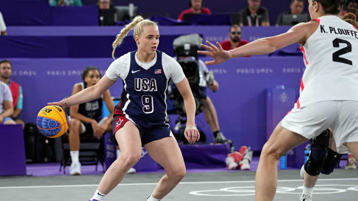 United States player Hailey van Lith (9) handles the ball against Canada player Katherine Plouffe (2) in the women’s 3x3 basketball bronze medal game during the Paris 2024 Olympic Summer Games at La Concorde 1 on Aug 5.