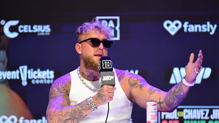 May 14, 2025; Los Angeles, California, USA; Jake Paul speaks at press conference in anticipation of his fight against Julio Cesar Chavez Jr.