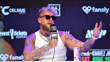Jake Paul speaks at press conference in anticipation of his fight against Julio Cesar Chavez Jr. at Avalon Hollywood Theater.
