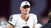 Aug 23, 2025; Glendale, Arizona, USA; Las Vegas Raiders kicker Daniel Carlson (8) against the Arizona Cardinals during a preseason NFL game at State Farm Stadium. Mandatory Credit: Mark J. Rebilas-Imagn Images