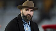Nov 18, 2024; Arlington, Texas, USA;  ESPN personality and former Philadelphia Eagles center Jason Kelce on set before the game between the Dallas Cowboys and Houston Texans at AT&T Stadium. Mandatory Credit: Kevin Jairaj-Imagn Images
