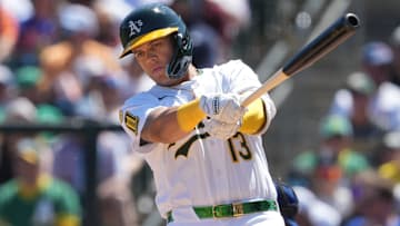 Apr 13, 2025; West Sacramento, California, USA; Athletics third baseman Gio Urshela (13) prepares to bat against the New York Mets during the second inning at Sutter Health Park. Mandatory Credit: Darren Yamashita-Imagn Images