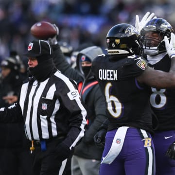 Dec 24, 2022; Baltimore, Maryland, USA;  Baltimore Ravens linebacker Patrick Queen (6) celebrates with  linebacker Roquan Smith (18) along the sidelines during the game against the Atlanta Falcons at M&T Bank Stadium. Mandatory Credit: Tommy Gilligan-USA TODAY Sports