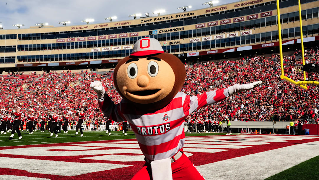 Brutus Buckeye poses on the field before the game against the Wisconsin Badgers at Camp Randall Stadium on Saturday, Oct. 18, 2025 in Madison, Wisconsin.