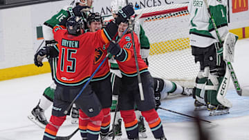 The Coachella Valley Firebirds celebrate a late third period goal by Max McCormick against the Texas Stars at Acrisure Arena in Palm Desert, Calif., Nov. 30, 2024.