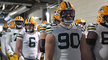 Jan 12, 2025; Philadelphia, Pennsylvania, USA; Green Bay Packers defensive end Lukas Van Ness (90) waits in the tunnel against the Philadelphia Eagles in an NFC wild card game at Lincoln Financial Field.