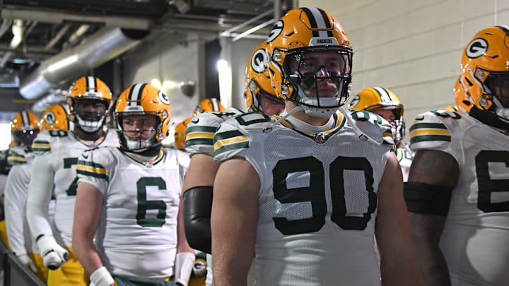 Jan 12, 2025; Philadelphia, Pennsylvania, USA; Green Bay Packers defensive end Lukas Van Ness (90) waits in the tunnel against the Philadelphia Eagles in an NFC wild card game at Lincoln Financial Field.