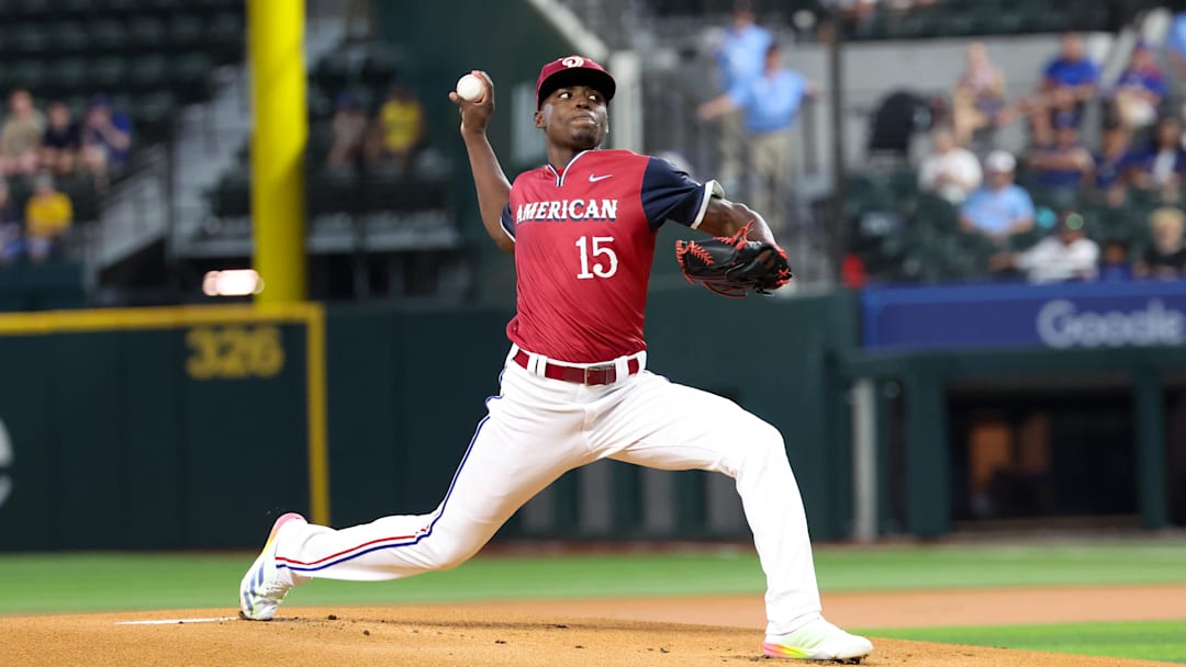 Jul 13, 2024; Arlington, TX, USA;  American League Future  pitcher Emiliano Teodo (15) throws during the first inning against the National League Future team during the Major league All-Star Futures game at Globe Life Field. 