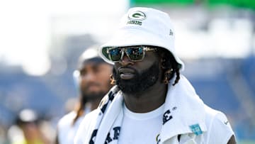 Sep 22, 2024; Nashville, Tennessee, USA;  Green Bay Packers defensive end Brenton Cox Jr. (57) walks off the field against the Tennessee Titans during pregame warmups at Nissan Stadium. Mandatory Credit: Steve Roberts-Imagn Images