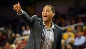 Nov 23, 2015; Los Angeles, CA, USA; Southern California Trojans associate head coach Tony Bland reacts during a NCAA basketball game against the Cal State Northridge Matadors at Galen Center. USC defeated CSUN 96-61. Mandatory Credit: Kirby Lee-Imagn Images