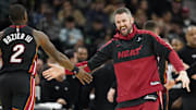 Feb 1, 2025; San Antonio, Texas, USA; Miami Heat forward Kevin Love (42) reacts after guard Terry Rozier (2) scored during the second half against the San Antonio Spurs at Frost Bank Center. Mandatory Credit: Scott Wachter-Imagn Images