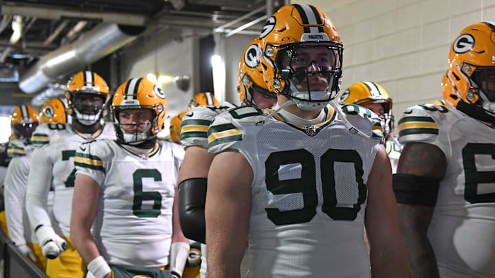 Jan 12, 2025; Philadelphia, Pennsylvania, USA; Green Bay Packers defensive end Lukas Van Ness (90) waits in the tunnel against the Philadelphia Eagles in an NFC wild card game at Lincoln Financial Field. Mandatory Credit: Eric Hartline-Imagn Images