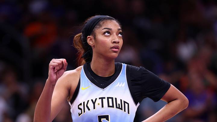 Aug 28, 2025; Phoenix, Arizona, USA; Chicago Sky forward Angel Reese (5) reacts against the Phoenix Mercury at Phx Arena. Mandatory Credit: Mark J. Rebilas-Imagn Images