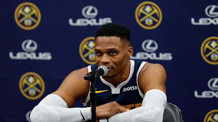 Sep 26, 2024; Denver, Co, USA; Denver Nuggets guard Russell Westbrook (4) during Denver Nuggets Media Day. Mandatory Credit: Isaiah J. Downing-Imagn Images Sep 26, 2024; Denver, Co, USA; Denver Nuggets guard Russell Westbrook (4) during Denver Nuggets Media Day. Mandatory Credit: Isaiah J. Downing-Imagn Images