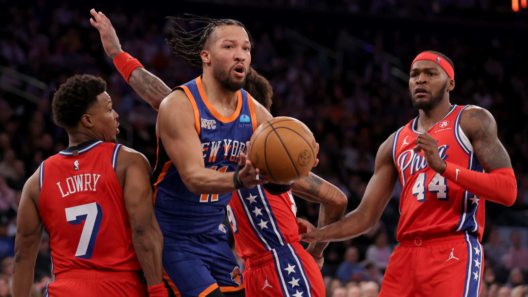 Mar 10, 2024; New York, New York, USA; New York Knicks guard Jalen Brunson (11) looks to pass the