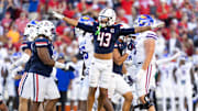 Nov 8, 2025; Tucson, Arizona, USA; Arizona Wildcats defensive back Dalton Johnson (43) celebrates a missed field goal by the Kansas Jayhawks in the second half at Arizona Stadium. Mandatory Credit: Mark J. Rebilas-Imagn Images
