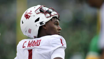 Cameron Ward #1 of the Washington State Cougars looks on in the second half against the Oregon Ducks at Autzen Stadium on October 21, 2023 in Eugene, Oregon.