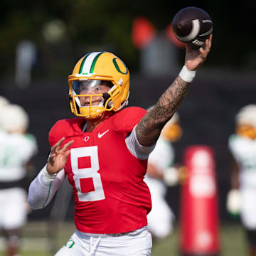 Oregon Ducks quarterback Dillon Gabriel throws out a pass during practice with the Ducks Tuesday, Sept. 3, 2024, at the Hatfield-Dowlin Complex in Eugene, Ore.