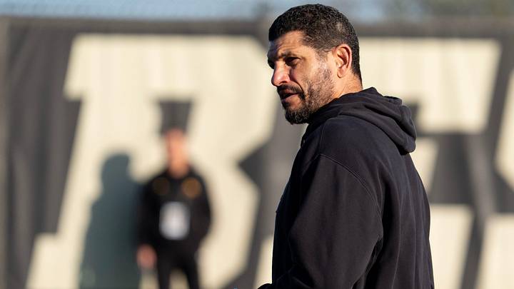 Iowa running backs coach Jay Norvell watches practice April 9, 2026 in Iowa City, Iowa.