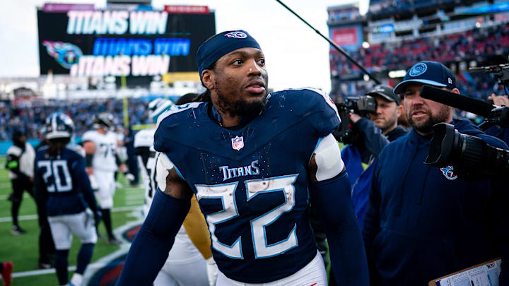 Tennessee Titans running back Derrick Henry exits the field after defeating Jacksonville Jaguars. Tennessee Titans running back Derrick Henry exits the field after defeating Jacksonville Jaguars.