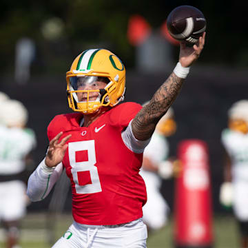 Oregon Ducks quarterback Dillon Gabriel throws out a pass during practice with the Ducks Tuesday, Sept. 3, 2024, at the Hatfield-Dowlin Complex in Eugene, Ore.