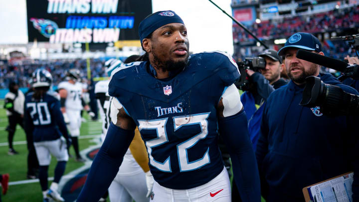 Tennessee Titans running back Derrick Henry (22) exits the field after defeating Jacksonville Jaguars 28-20 at Nissan Stadium in Nashville, Tenn., Sunday, Jan. 7, 2024.