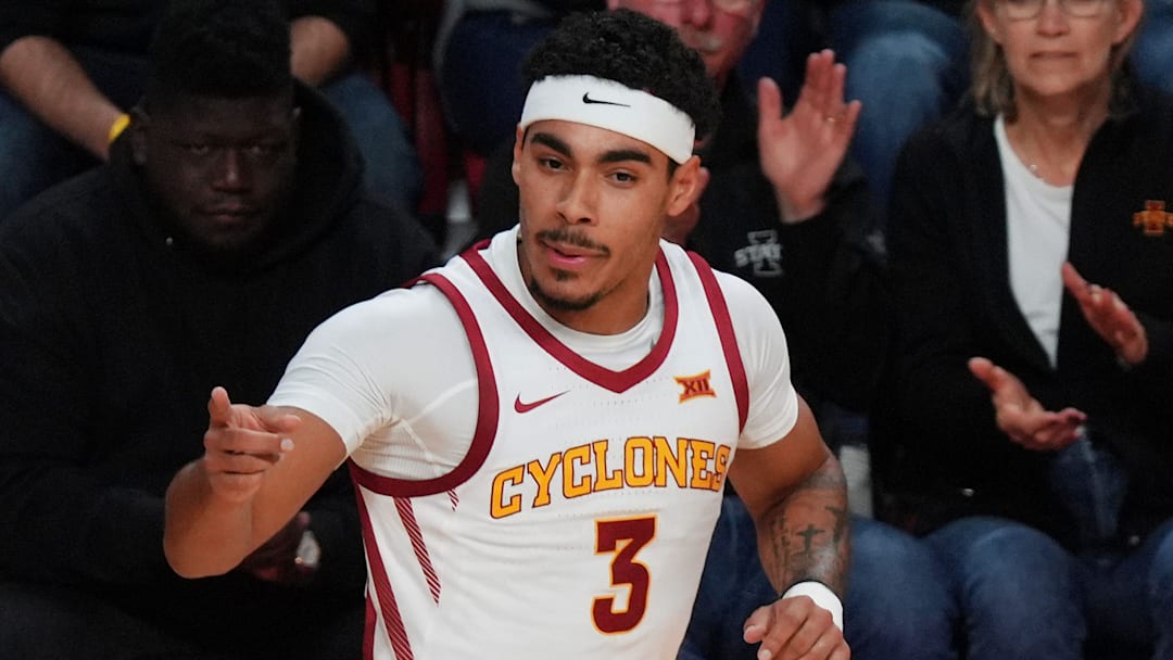 Iowa State Cyclones guard Tamin Lipsey (3) reacts after making a three-point shot against Stonehill during the second half in the NCAA basketball on Nov. 17, 2025, at Hilton Coliseum in Ames, Iowa.Iowa.