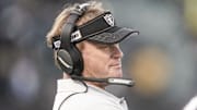 Dec 8, 2019; Oakland, CA, USA; Oakland Raiders head coach Jon Gruden reacts in the game against the Tennessee Titans during the fourth quarter at Oakland Coliseum. Mandatory Credit: Stan Szeto-Imagn Images