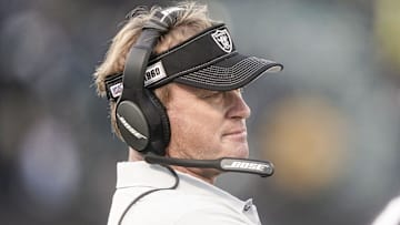 Dec 8, 2019; Oakland, CA, USA; Oakland Raiders head coach Jon Gruden reacts in the game against the Tennessee Titans during the fourth quarter at Oakland Coliseum. Mandatory Credit: Stan Szeto-Imagn Images