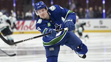 Apr 2, 2025; Vancouver, British Columbia, CAN; Vancouver Canucks forward Brock Boeser (6) during pre game warm up against the Seattle Kraken at Rogers Arena. Mandatory Credit: Simon Fearn-Imagn Images