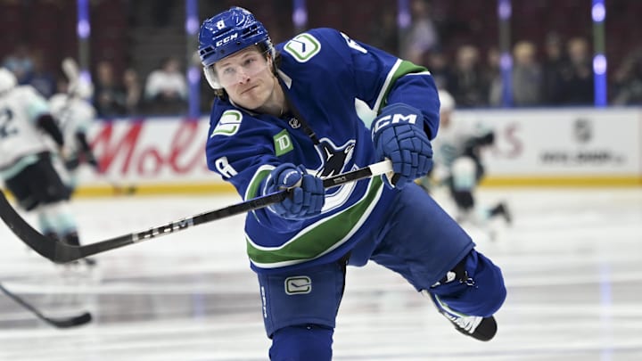 Apr 2, 2025; Vancouver, British Columbia, CAN; Vancouver Canucks forward Brock Boeser (6) during pre game warm up against the Seattle Kraken at Rogers Arena. Mandatory Credit: Simon Fearn-Imagn Images