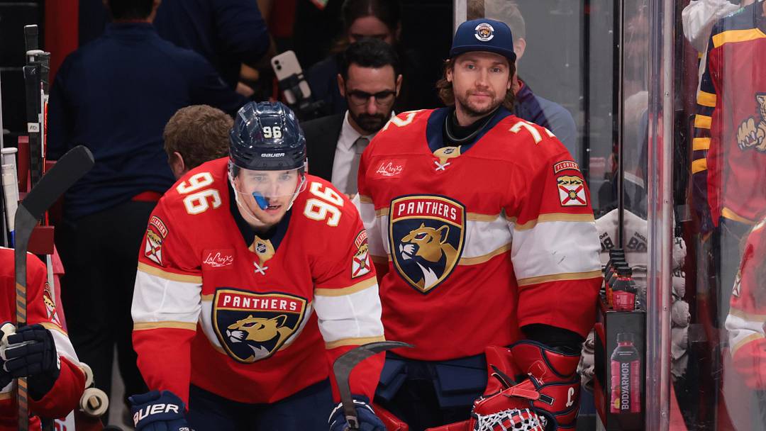 Apr 15, 2026; Sunrise, Florida, USA; Florida Panthers goaltender Sergei Bobrovsky (72) looks on from the bench against the Detroit Red Wings during the third period at Amerant Bank Arena. Mandatory Credit: Sam Navarro-Imagn Images