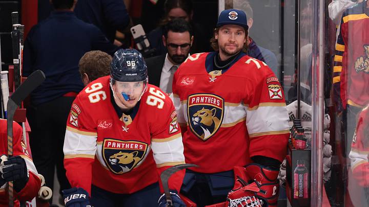 Apr 15, 2026; Sunrise, Florida, USA; Florida Panthers goaltender Sergei Bobrovsky (72) looks on from the bench against the Detroit Red Wings during the third period at Amerant Bank Arena. Mandatory Credit: Sam Navarro-Imagn Images