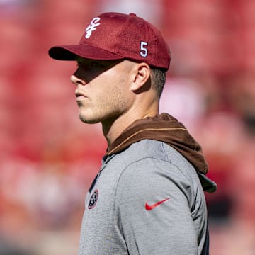 August 18, 2024; Santa Clara, California, USA; San Francisco 49ers running back Christian McCaffrey (23) watches warm ups before the game against the New Orleans Saints at Levi's Stadium. Mandatory Credit: Kyle Terada-Imagn Images