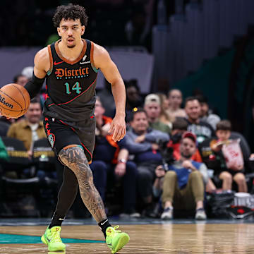 Mar 17, 2024; Washington, District of Columbia, USA; Washington Wizards guard Jules Bernard (14) brings the ball up court against the Boston Celtics during the second half of the game at Capital One Arena. Mandatory Credit: Scott Taetsch-Imagn Images