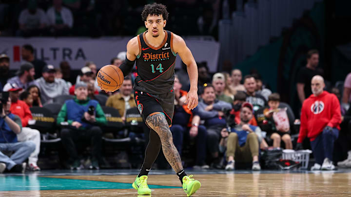 Mar 17, 2024; Washington, District of Columbia, USA; Washington Wizards guard Jules Bernard (14) brings the ball up court against the Boston Celtics during the second half of the game at Capital One Arena. Mandatory Credit: Scott Taetsch-Imagn Images