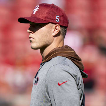 August 18, 2024; Santa Clara, California, USA; San Francisco 49ers running back Christian McCaffrey (23) watches warm ups before the game against the New Orleans Saints at Levi's Stadium. Mandatory Credit: Kyle Terada-Imagn Images