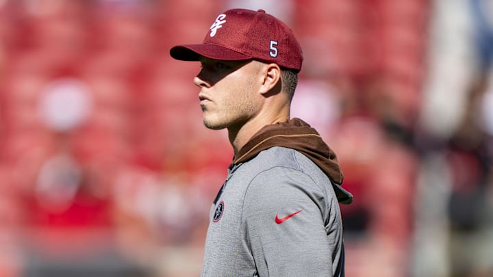 August 18, 2024; Santa Clara, California, USA; San Francisco 49ers running back Christian McCaffrey (23) watches warm ups before the game against the New Orleans Saints at Levi's Stadium. Mandatory Credit: Kyle Terada-Imagn Images