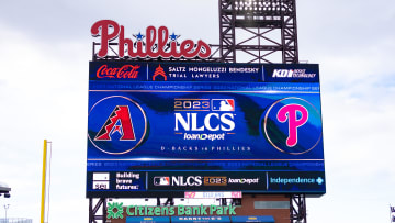 Oct 15, 2023; Philadelphia, PA, USA; Graphics on the large scoreboard during workouts before the