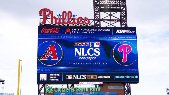Oct 15, 2023; Philadelphia, PA, USA; Graphics on the large scoreboard during workouts before the