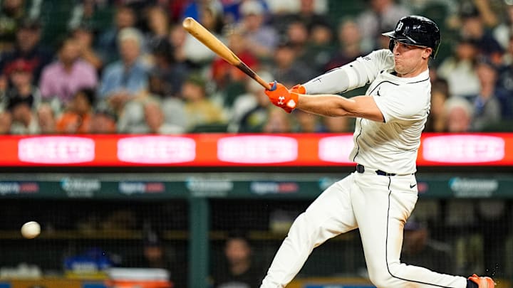 Detroit Tigers designated hitter Kerry Carpenter (30) bats a single against Colorado Rockies during the seventh inning at Comerica Park in Detroit on Wednesday, September 11, 2024.