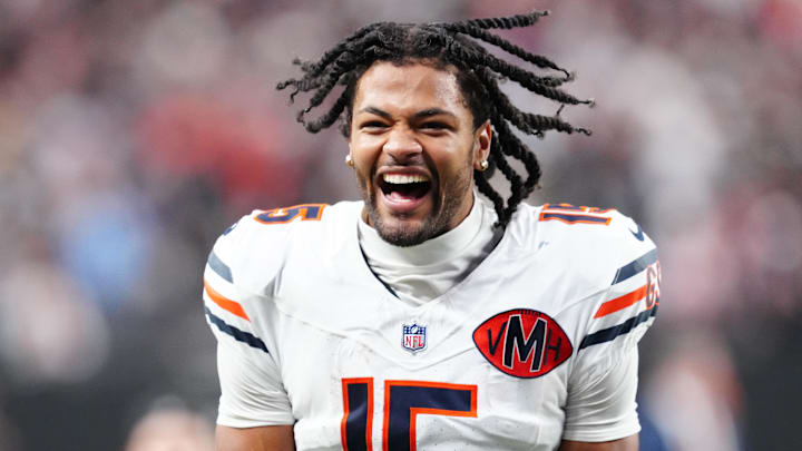Sep 28, 2025; Paradise, Nevada, USA; Chicago Bears wide receiver Rome Odunze (15) celebrates after the game against the Las Vegas Raiders at Allegiant Stadium. Mandatory Credit: Stephen R. Sylvanie-Imagn Images