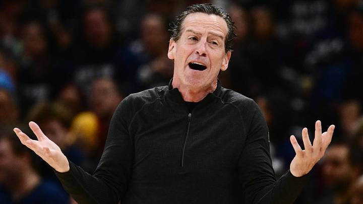 Apr 18, 2026; Cleveland, Ohio, USA; Cleveland Cavaliers head coach Kenny Atkinson reacts after a play against the Toronto Raptors during the second half of game one in the first round of the 2026 NBA Playoffs at Rocket Arena. Mandatory Credit: Ken Blaze-Imagn Images