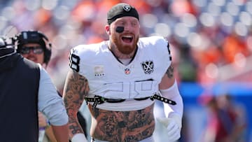 Oct 6, 2024; Denver, Colorado, USA; Las Vegas Raiders defensive end Maxx Crosby (98) before the game against the Denver Broncos at Empower Field at Mile High. Mandatory Credit: Ron Chenoy-Imagn Images