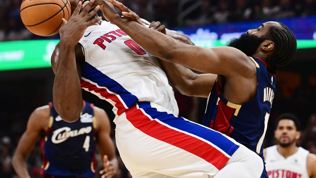 May 11, 2026; Cleveland, Ohio, USA; Cleveland Cavaliers guard James Harden (1) knocks the ball away from Detroit Pistons center Jalen Duren (0) during the first half of game four in the second round of the 2026 NBA Playoffs at Rocket Arena. Mandatory Credit: Ken Blaze-Imagn Images