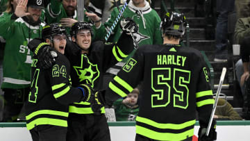 Jan 10, 2024; Dallas, Texas, USA; Dallas Stars center Roope Hintz (24) and left wing Mason Marchment