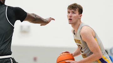 Montverde's Trent Sisley (12) searches to pass the ball Wednesday, April 2, 2025, during the first game of the Chipotle Nationals at Hamilton Southeastern High School in Fishers.