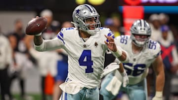 Nov 3, 2024; Atlanta, Georgia, USA; Dallas Cowboys quarterback Dak Prescott (4) throws a pass against the Atlanta Falcons in the third quarter at Mercedes-Benz Stadium.