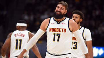 Oct 14, 2025; Denver, Colorado, USA; Denver Nuggets center Jonas Valanciunas (17) walks off the floor for a timeout during the first half against the Chicago Bulls at Ball Arena. Mandatory Credit: Christopher Hanewinckel-Imagn Images