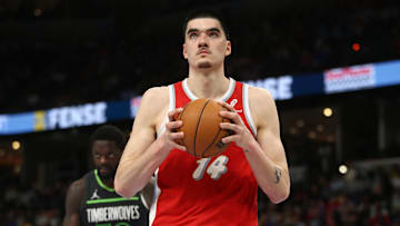 Apr 10, 2025; Memphis, Tennessee, USA; Memphis Grizzlies center Zach Edey (14) reacts during the fourth quarter against the Minnesota Timberwolves at FedExForum. Mandatory Credit: Petre Thomas-Imagn Images